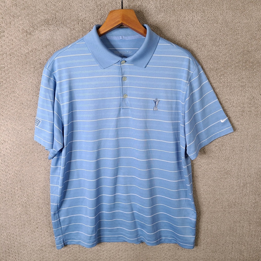 Nike Golf Shirt Men L‎ Blue White Striped Polo Dri Fit Senior PGA Championship